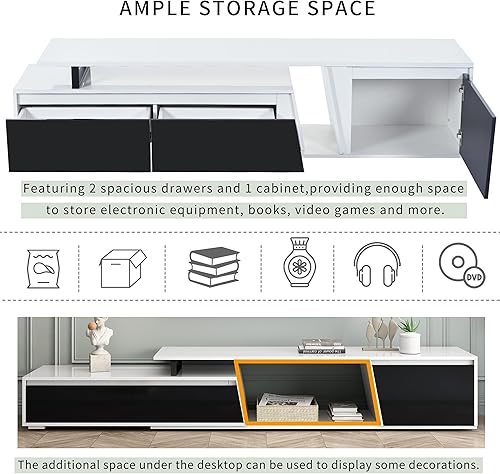 Miniatura 5 de P PURLOVE Moderno soporte de TV para TV de hasta 100 pulgadas, soporte de TV rectangular minimalista extensible con 2 cajones y gabinete, mueble de