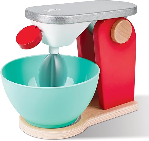 Hape Juego de madera para mezclar y hornear  rojo  Aparato de juguete de cocina de madera, cuchillas giratorias de cuerda de tracción, horneado