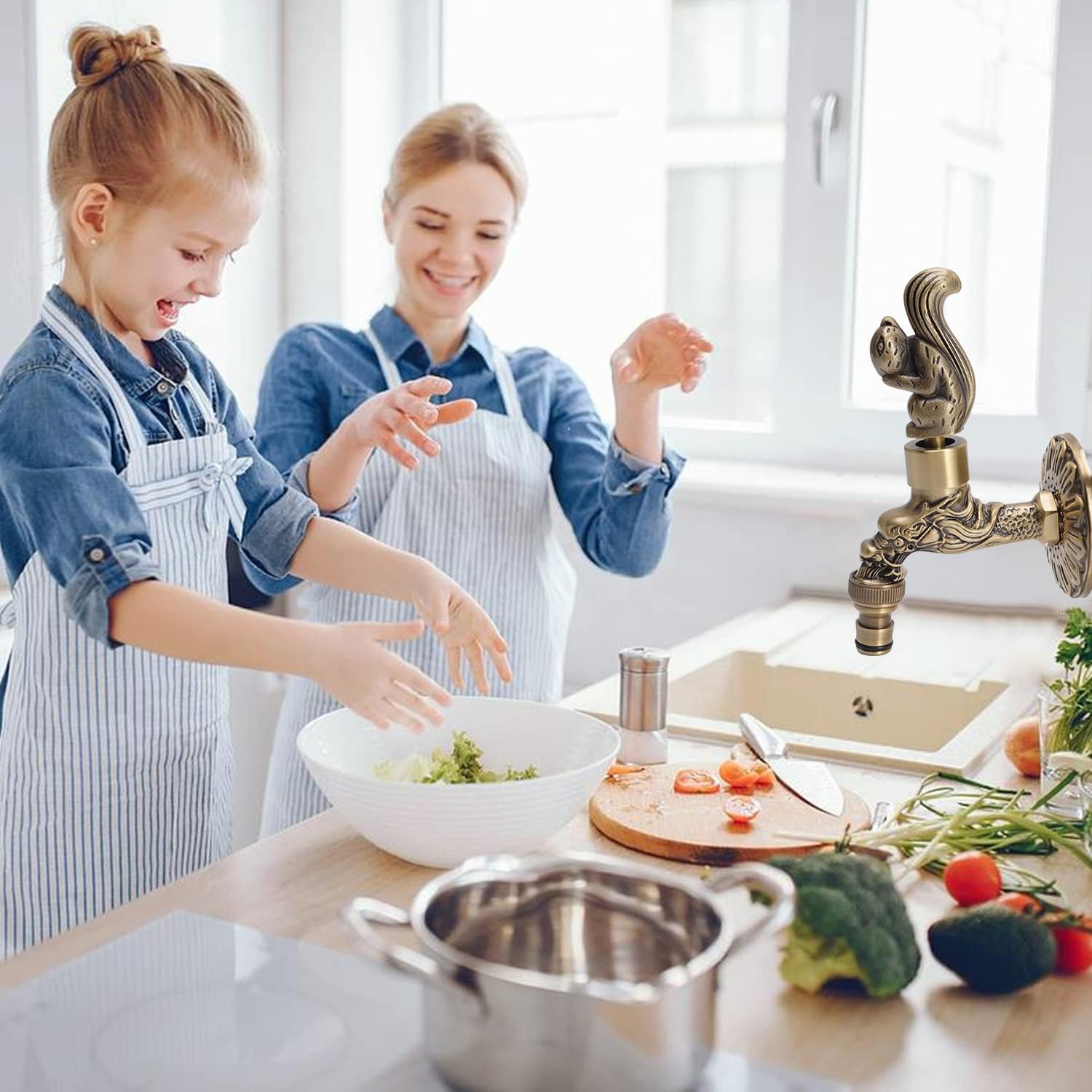 G1/2 Wall Mounted Water Faucet Brass Material Vintage Chinese Style Design,Kitchen Washing Machine Bathroom Sink Basin,Outdoor Garden Hose Faucet(Squirrel+Dragon)