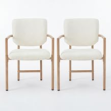 FurnitureR Dining Chairs Set of 2, Teddy Boucle Upholstered Kitchen Chairs with Wooden Effect Metal Frame & Curved Armrests, Modern Accent Chairs for Dining Room Bedroom Living Room, Cream White