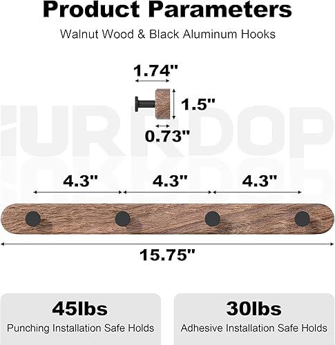 Miniatura 8 de Perchero de madera de nogal de 17 pulgadas con 4 ganchos dobles negros, ganchos de entrada montados con adhesivo, modernas clavijas de madera