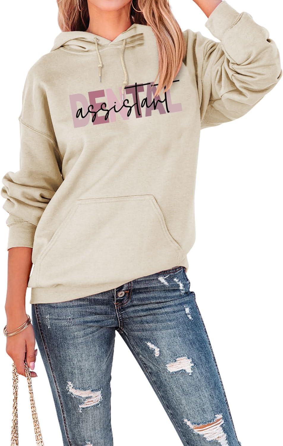 Colorful Letter Print Dental Assistant Hoodie for Women – Casual Crewneck Pullover Sweatshirt