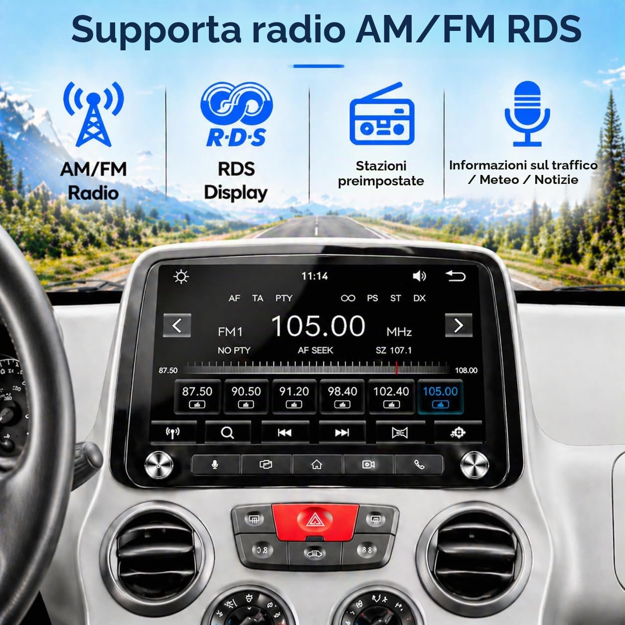 FIAT Panda 2003-2012 Autoradio 1 DIN CarPlay wireless Android Auto DSP RDS | Sistema Linux,avvio rapido 2s,Plug&Play,Bluetooth,CANBUS,comandi volante originali,schermo supporto telecamera posteriore