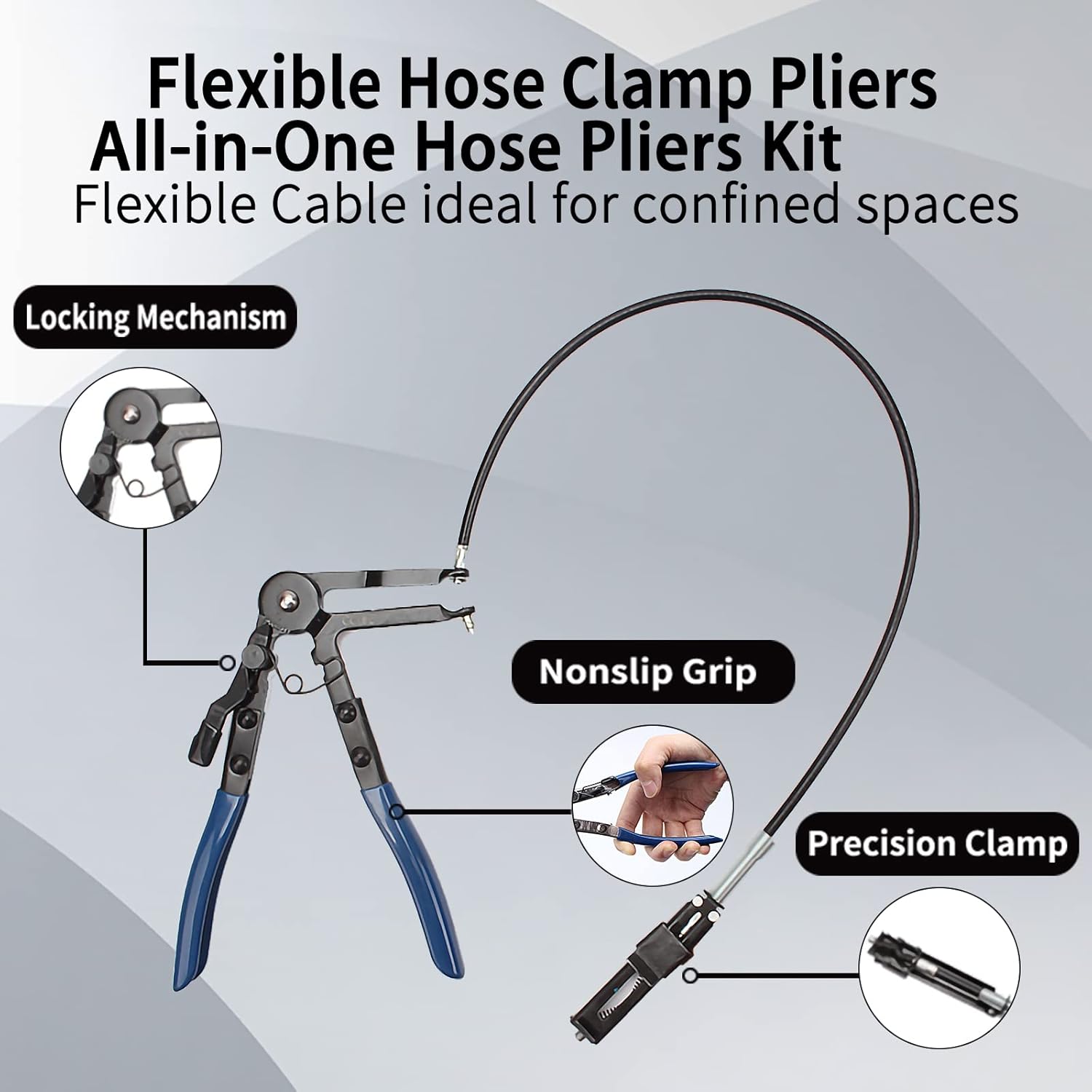 Detailed view of the flexible hose clamp pliers showing locking mechanism, non-slip grip, and precision clamp.