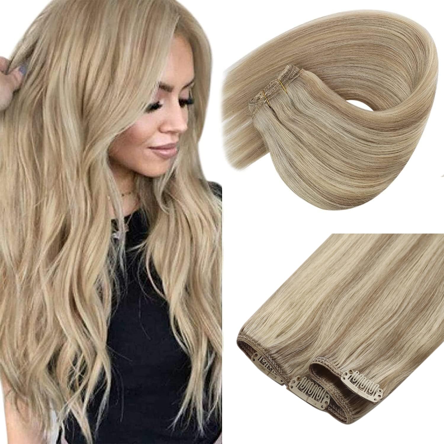 Sunny Hair Clip in Hair Extensions Human Hair Double Weft Real Hair Clip in Extensions Straight Remy Hair Extensions for Women 12inch Dark Ash Blonde Highlights Golden Blonde