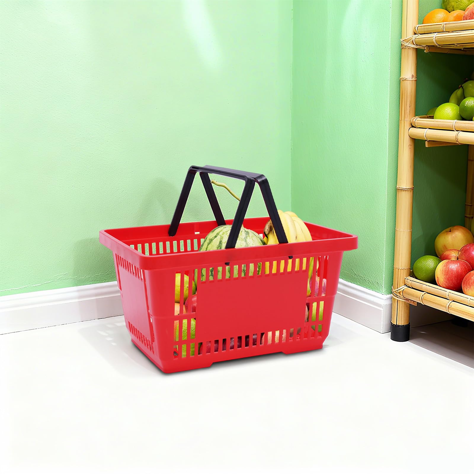Cesta de la compra de plástico con asa, 12 unidades, 18 L, color rojo | Cesta de la compra apilable, cesta de la compra de supermercado, cesta de plástico portátil con asa, hasta 10 kg, color rojo