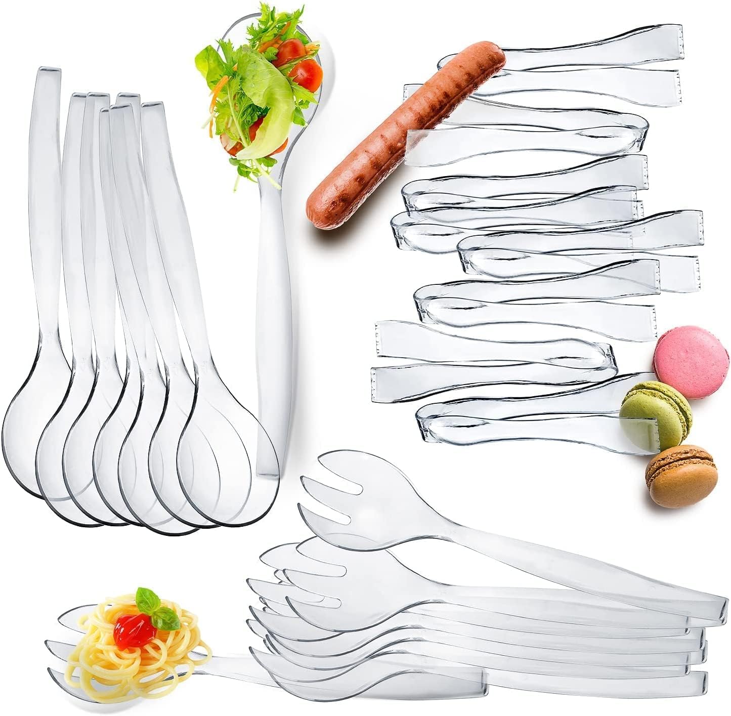 Set of 12 - Heavy Duty Disposable Plastic Serving Utensils, Four 10” Spoons and Forks, Four 6-1/2” Tongs,Clear
