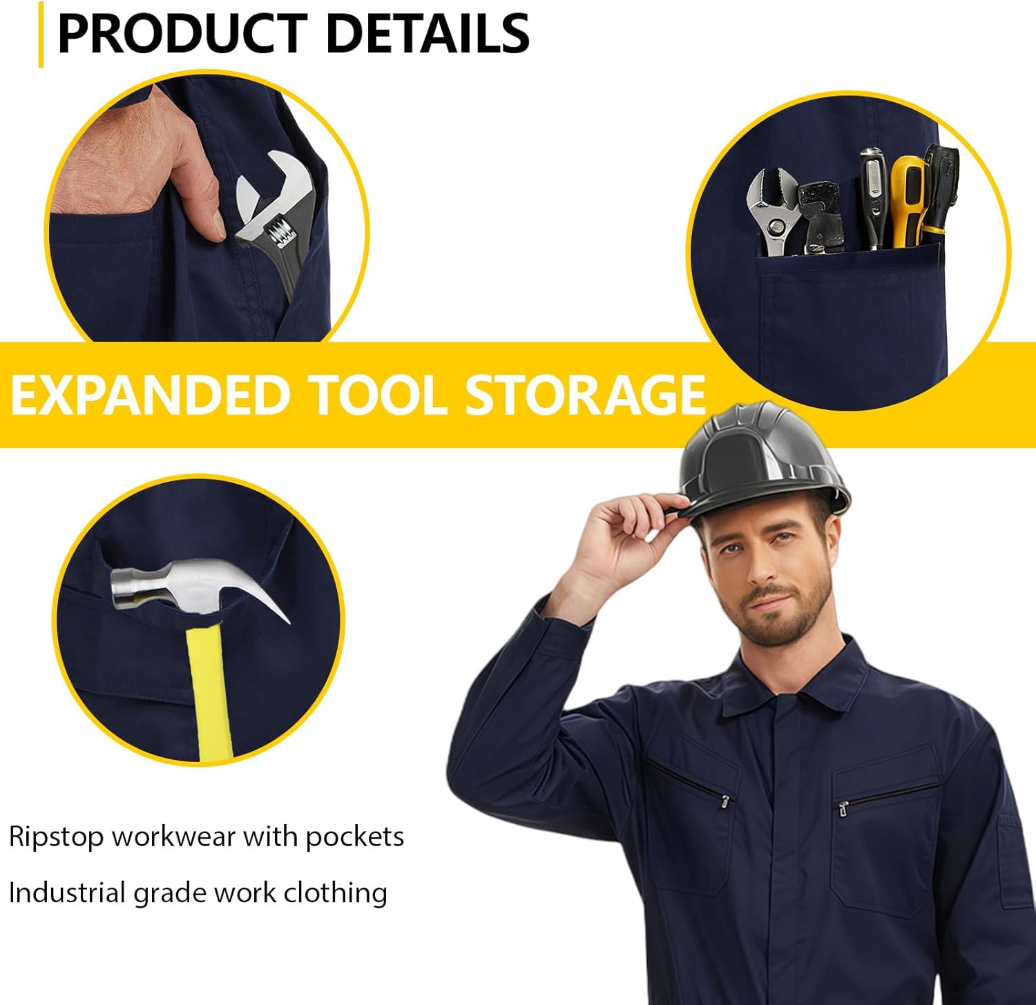 Men's Long Sleeve Work Coveralls, Durable Poly-Cotton Twill Jumpsuit with Multi-Pockets & Two-Way Zipper - Image 4