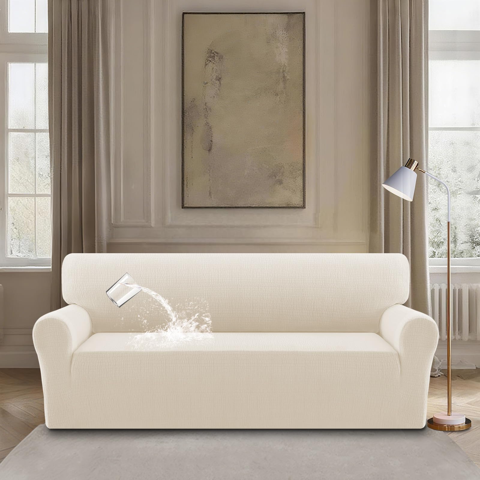 BellaHills Funda Sofá 3 Plazas Impermeable, Fundas Sofa Lavables Jacquard, Protectora Mascotas,Marfil