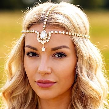 GORAIS Rhinestone Head Chain Jewelry Gold Boho Crystal Headpiece Egyptian Costume Headband for Women