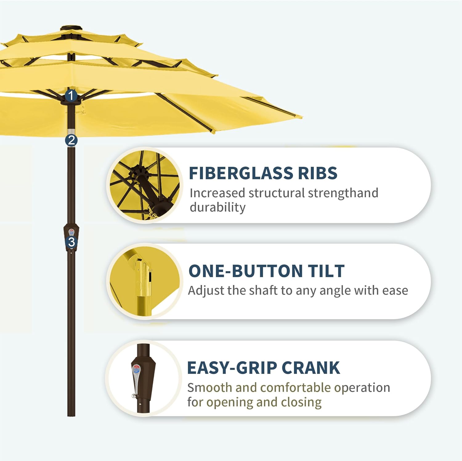 PatioKingdom 9ft 3-Tier Patio Market Umbrella with Crank/Tilt, Commercial Heavy Duty Wind Proof,Outdoor Table Umbrella with 8 Fiberglass Ribs,UPF50+ for Deck,Pool,Garden,Backyard