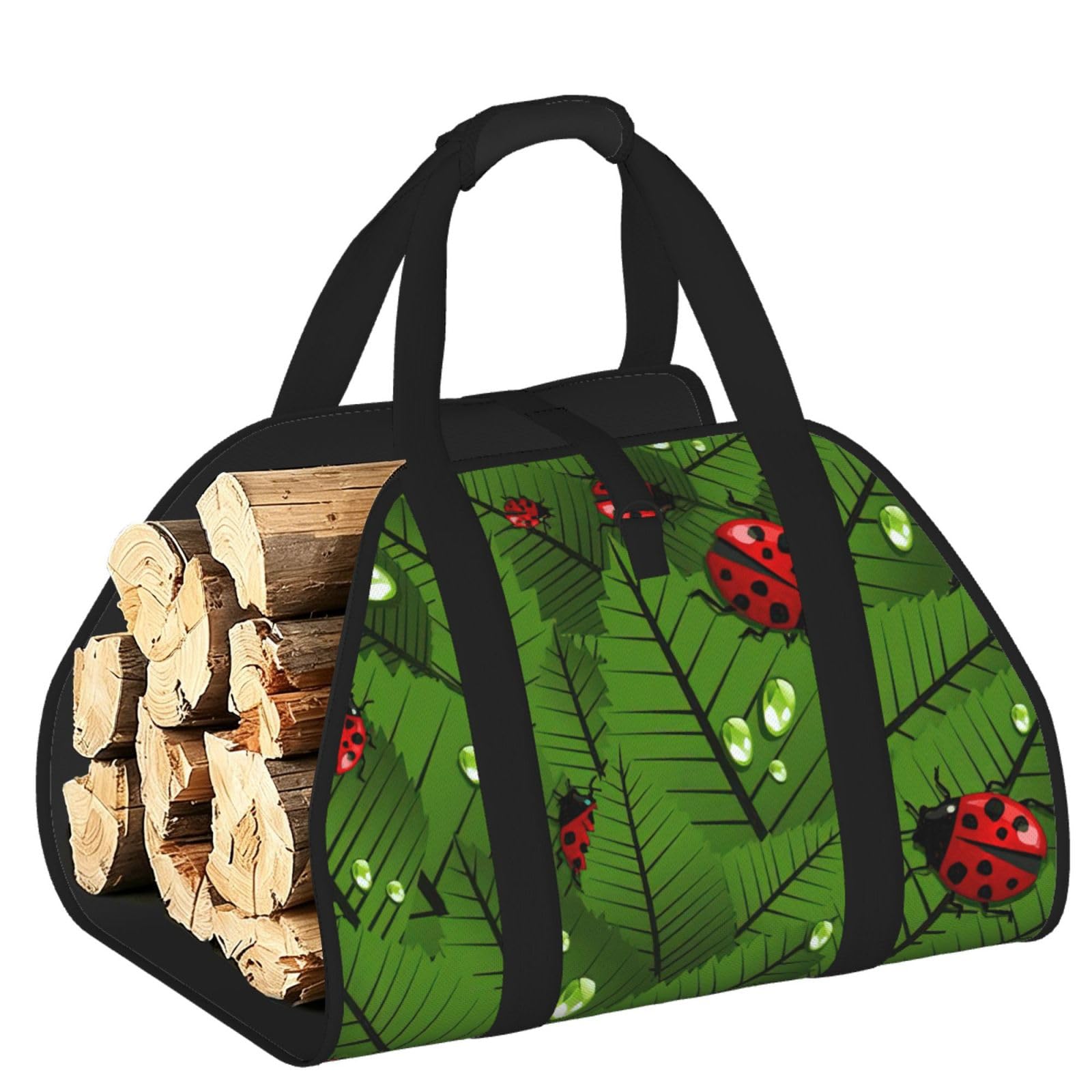 Leaves And Ladybugs Print Firewood Bag Wood Carrier Transport Sack Camping Picnic Storage Daily Home