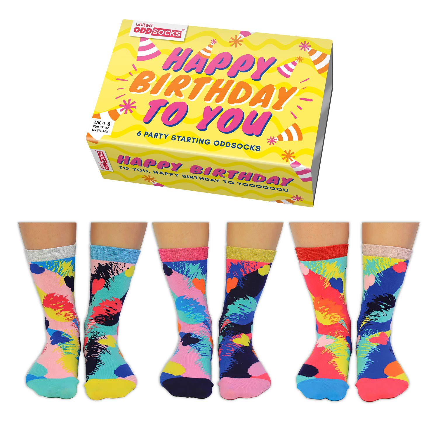 United Oddsocks - Happy Birthday to You – Box of 6 Fun Mismatched Oddsocks for Ladies – Sizes UK 4-8, EUR 37-42, US 6.5-10.5 | Fun and Colorful Birthday Gift for Women