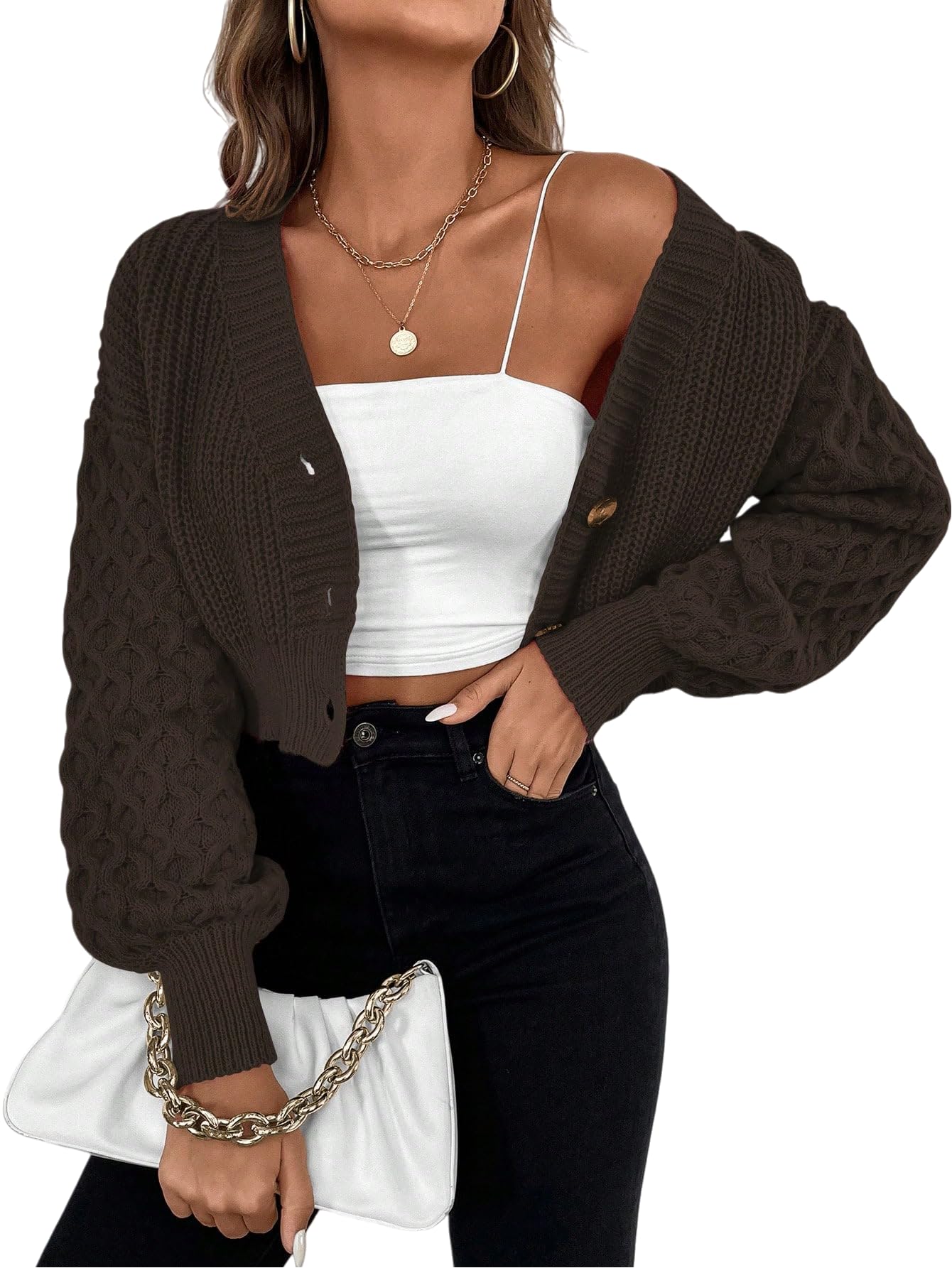 SISKIN Womens Cropped Cardigan Sweater 2025 V - Neck Cable Knit Button Up Batwing Drop Shoulder Fall Sweater