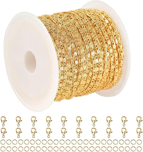 Miniatura 9 de Cadena Cubana de Bordillo de 32.8 Pies para Hacer Joyas, Rollo de Cadena de Latón Chapado en Oro de 18K con Anillos de Salto Abiertos y Cierres