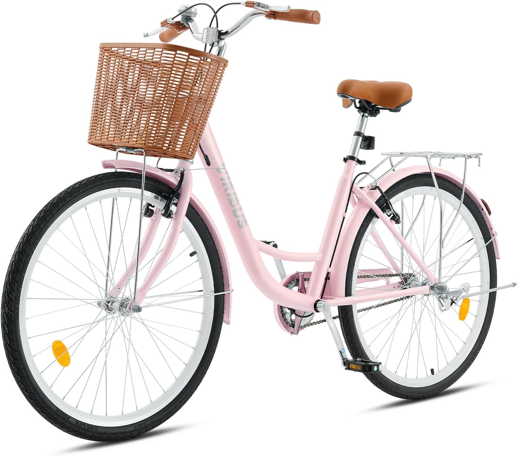 Viribus 24 Inch Vintage Ladies Bike with Basket, Dutch Style City Bicycle with Carbon Steel Frame, Dual V Brakes, Single Speed Women's Comfort Bike with Adjustable Seat and Handlebars