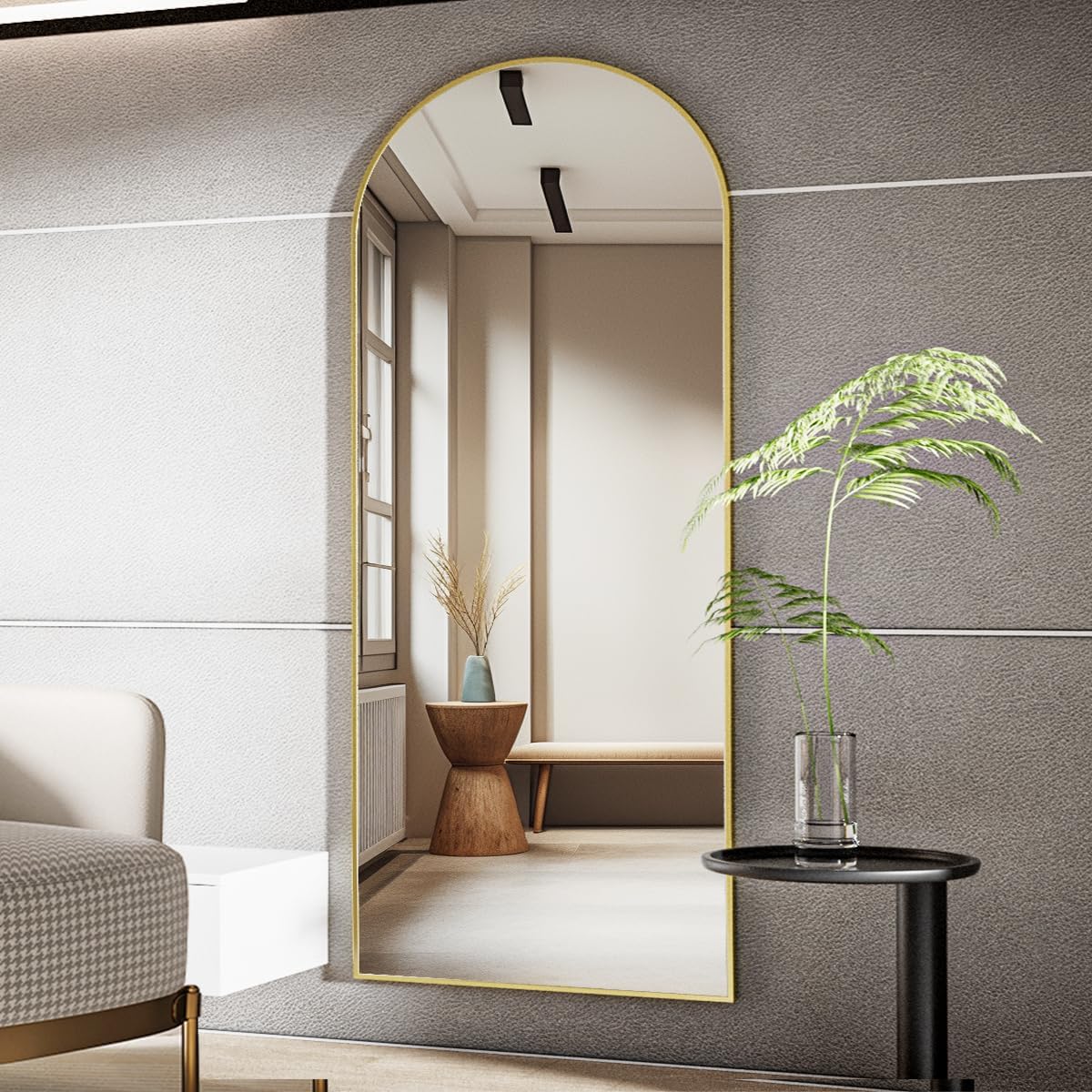 Koonmi Arched Full Length Mirror, 71"x26" Full Body Floor Mirror Standing Hanging or Leaning Wall, Full Body Mirror with Stand, Aluminum Alloy Thin Frame for Bedroom Living Room, Gold - Image 6