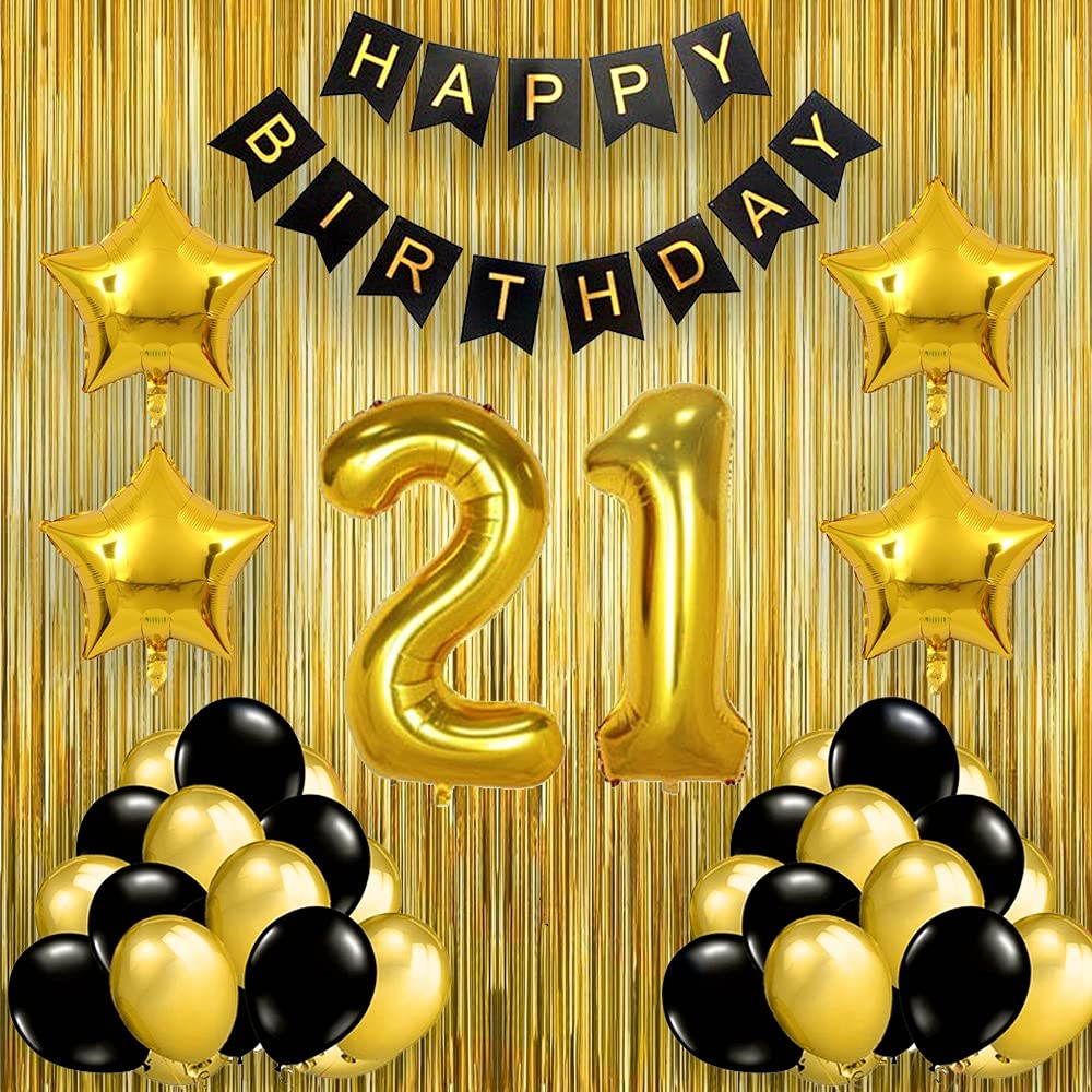 Pop The Party Black Gold 21st Birthday party Decorations With Birthday Banner, Star, Latex Balloons , Curtains and 21 Digit No. Set Of 39 Supplies