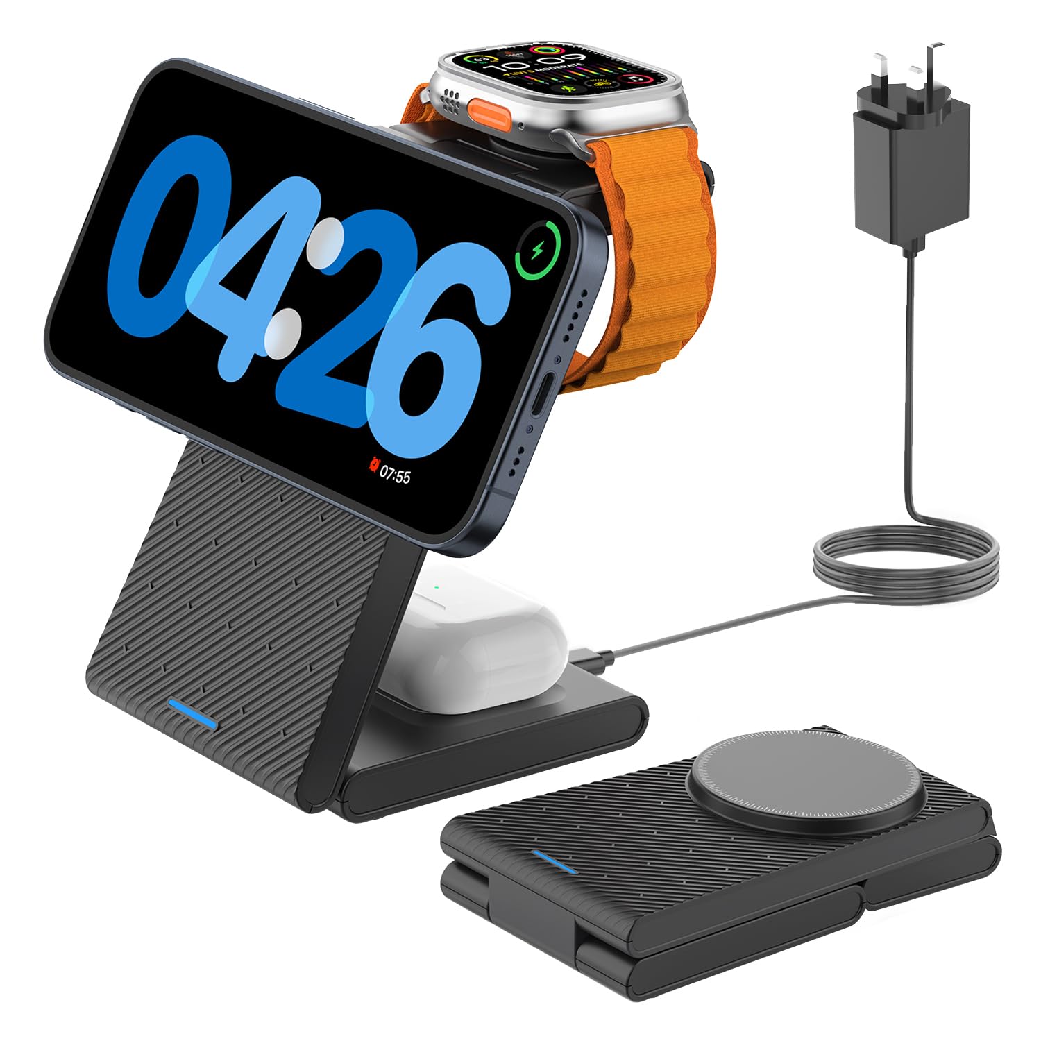 3 in 1 Wireless Charging Station, Foldable Magnetic Charger Stand for Multiple Devices, Wireless Charger for iPhone 17/16/15/14/13/12, Apple Watch 9/8/7/6/SE/5/4/3/2, AirPods 4/3/2/Pro