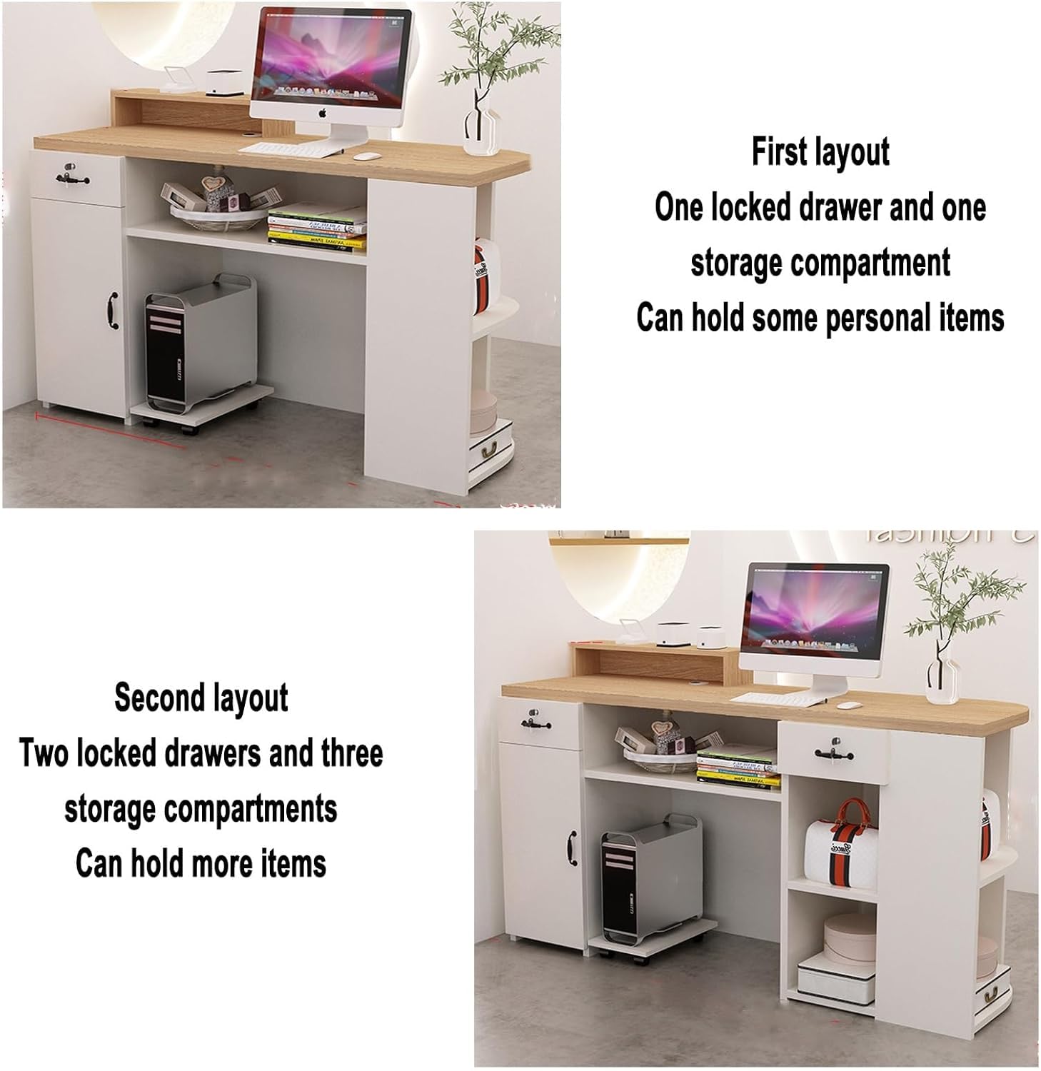 Banco reception con contenitore, banco cassa con luce LED, partizioni aperte, realizzato in materiale di grado E, design compatto 150x50x105cm, adatto per uffici e aziende