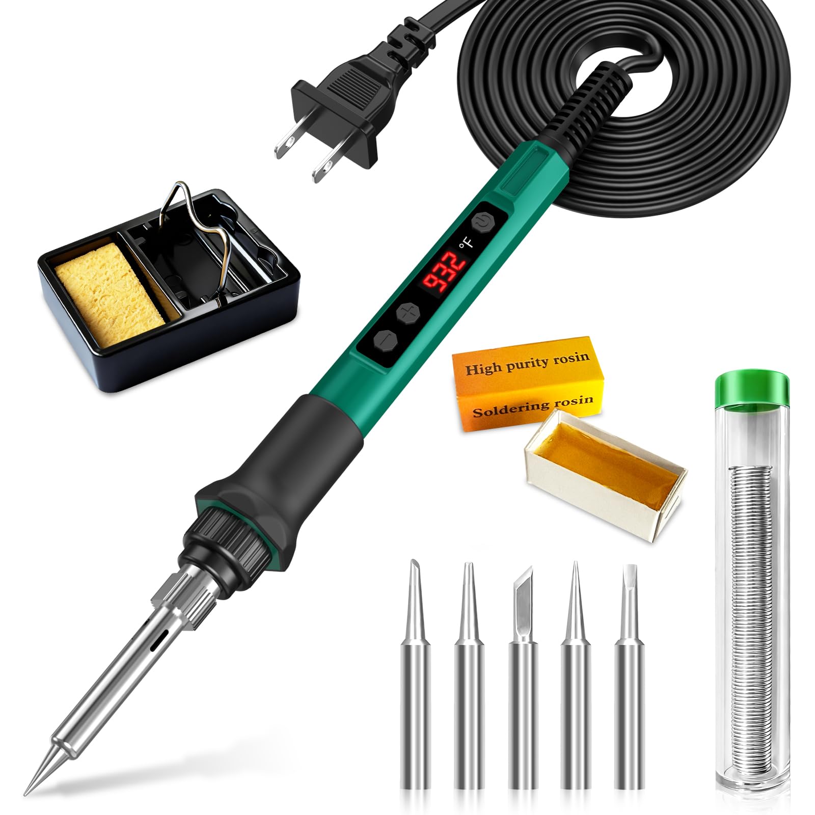 Soldering Iron Kit, 70W Soldering Gun with LED Digital Display, Adjustable Temperature 356-932β Solder Kit for Electronics, Includes 5pcs Tips, Stand, Solder Wire, Sponge, Paste, Green