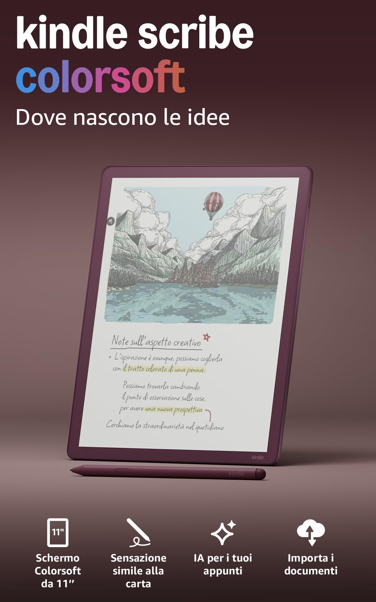 Amazon Kindle Scribe Colorsoft 64 GB (ultimo modello) — Schermo a colori da 11’’, effetto carta, luce frontale — Sottile, leggero, potente — Scrivi nel taccuino, nei documenti e nei libri - Porpora