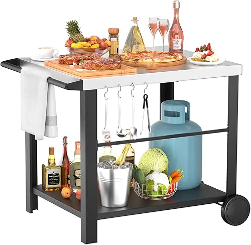 Carrito de parrilla móvil de acero inoxidable de 34 x 24 pulgadas para parrillas Ninja Woodfire y Blackstone, mesa de horno de pizza para exterior,