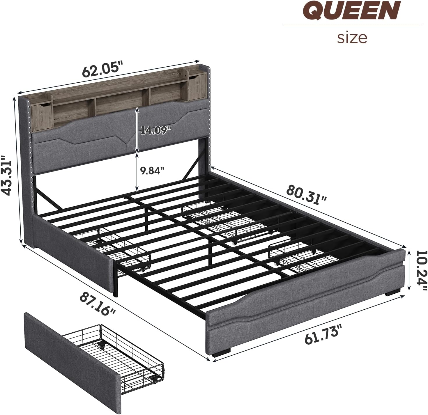Maupvit Queen Size Bed Frame with Storage,Upholstered Bed Frame with LED Light and 4 Drawers, Metal Slats Support, No Box Spring Needed, Easy Assembly, Noise Free, Grey