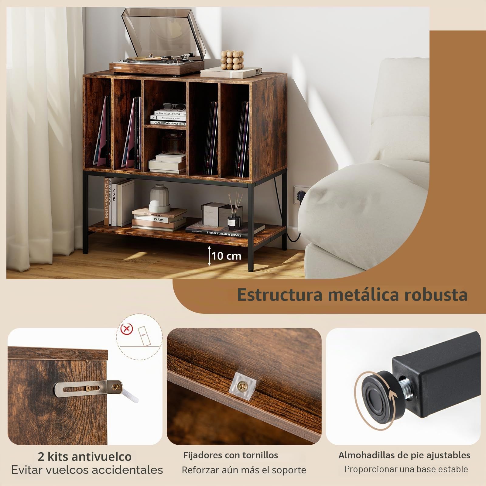 KOMFOTTEU Soporte para Tocadiscos con Estación de Carga, Mueble de Discos de Vinilo con 6 Compartimentos y Estante Abierto, Mesa de Exhibición con Orificio para Cables, 80 x 45 x 79,5 cm (Marrón)