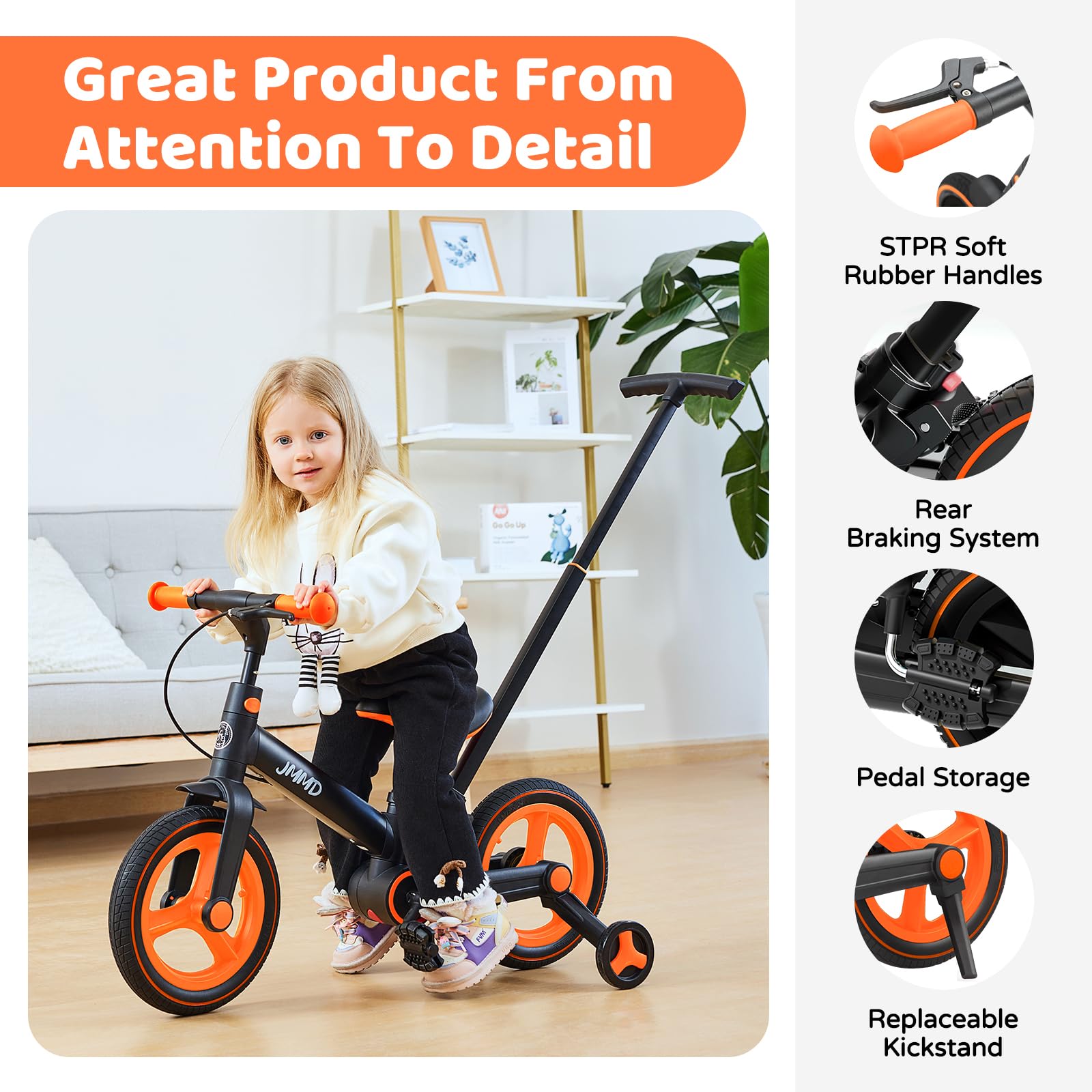 JMMD 6-in-1 Toddler Bike with Training Wheels and Pedals, 12 inch