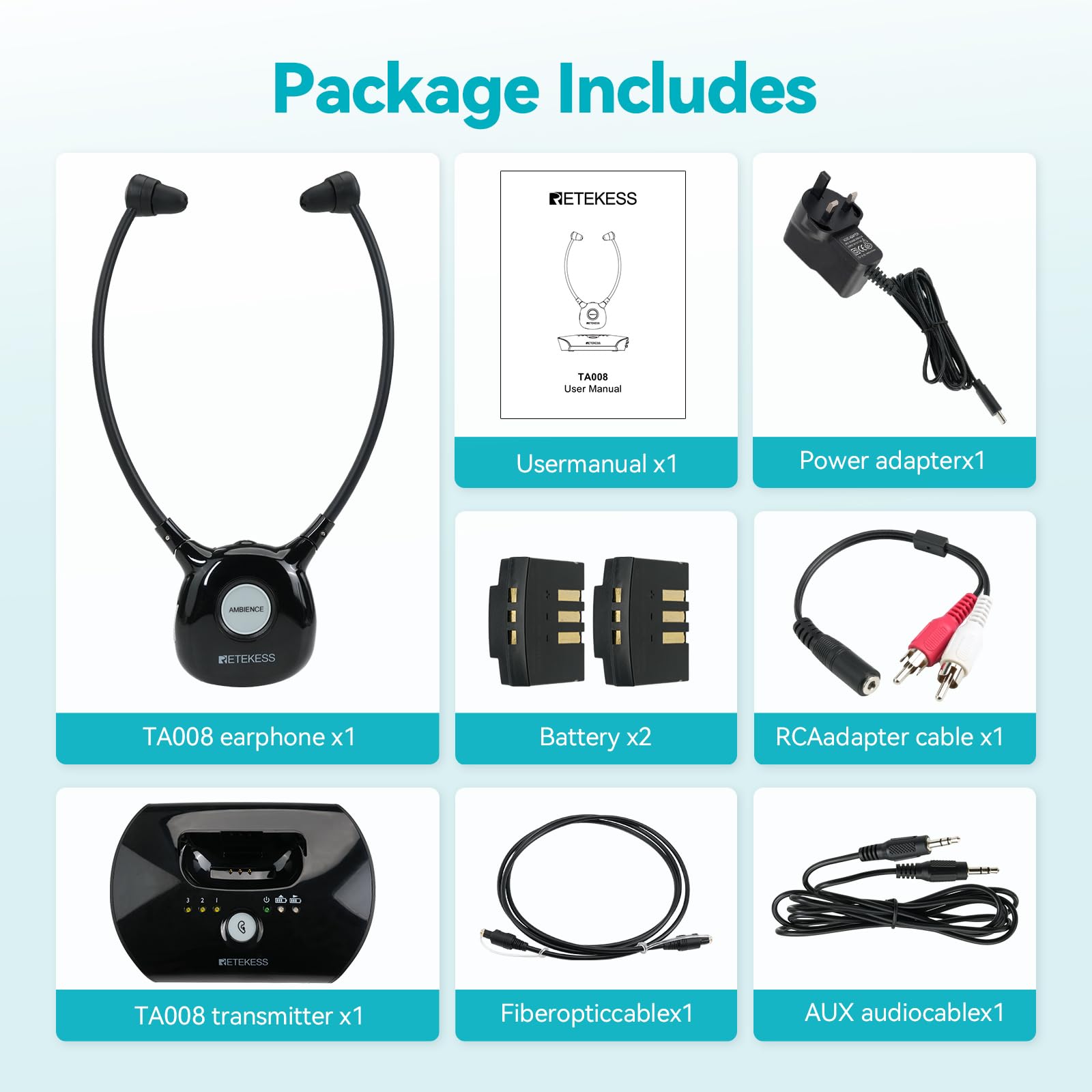 Retekess TA008 Cuffie Per Tv, Cuffie Per Tv Senza Fili Per Anziani, 2,4 G a Bassa Latenza, Amplificatore Uditivo, Doppia Batteria - 10 Ore Di Utilizzo, Amplificazione Del Suono TV Per Anziani