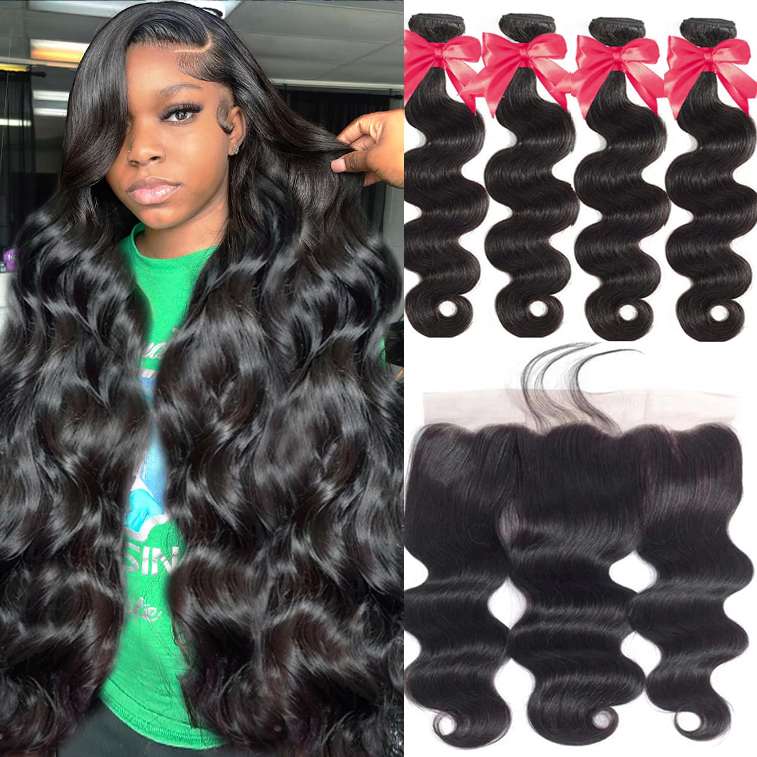 Body Wave Bundles with Lace Frontal (16 18 20 22+14,Natural Black) Human Hair 4 Bundles with 13x4 Free Part Ear to Ear Lace Closure Frontal 100%