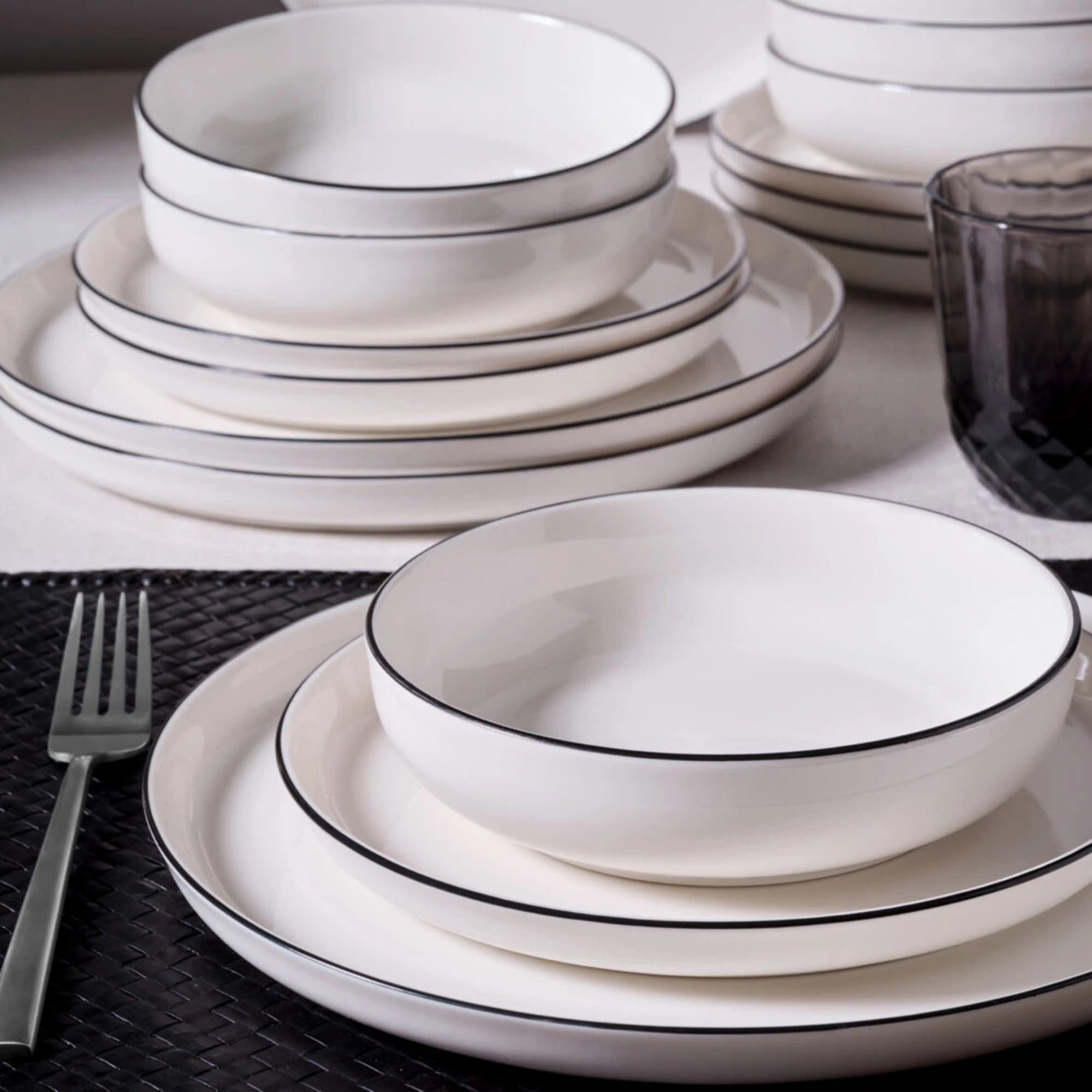 NORDIC SCHILLER Tafelservice, 4 Personen, 12-tlg., Bilbao Series, Bone Porzellan, Geschirr Set Creme mit Schwarzem Rand, Teller Set, Essteller, Dessertteller, Tiefe Teller, Geschirrsets