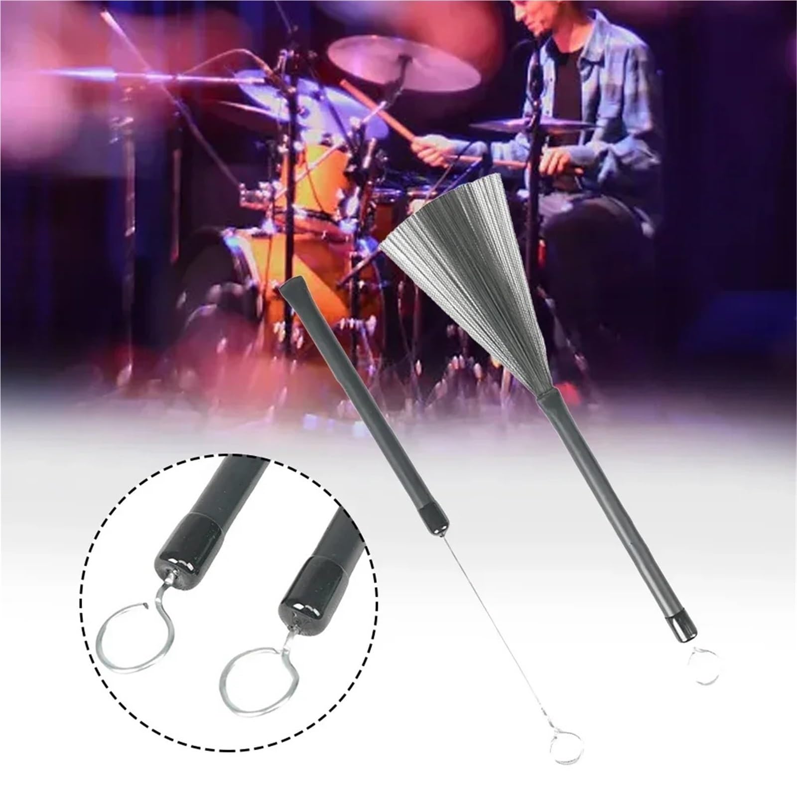 Szczotki bębnowe z wysuwanym trzpieniem, Szczotka do bębnów ze stali nierdzewnej, wysuwana, Jazz Folk, 33,5 cm, srebrna, 2 szt(2PCS)