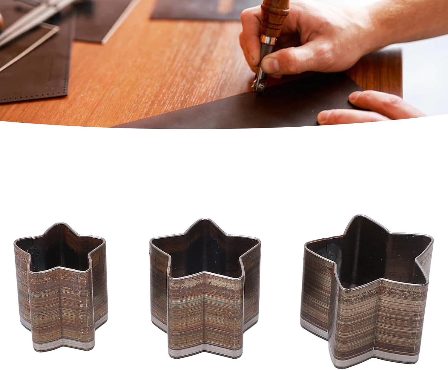 One Hole Hollow Cutter Punch Tool, 3 Pcs Star Shape Alloy Steel Leather Cutting Dies with Storage Box for Cutting Leather EVA Fiber Board Clay