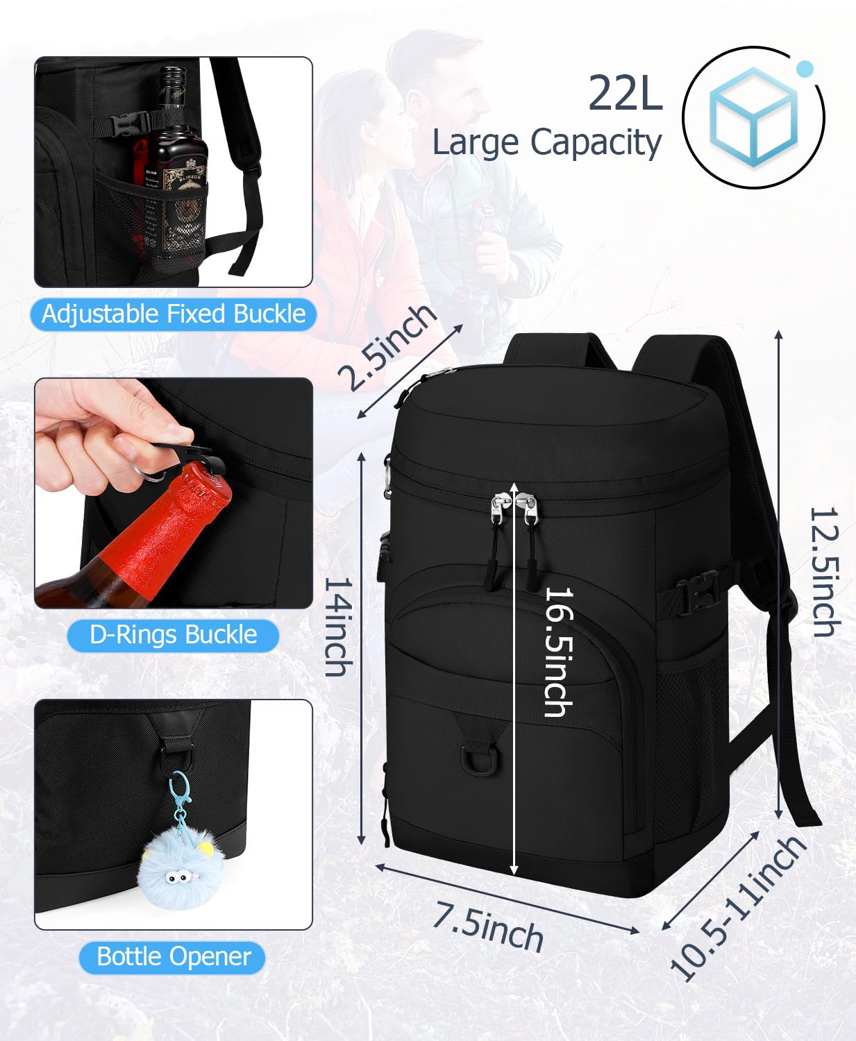 Insulated Backpack Cooler Leakproof Waterproof 22L Portable Camping Beach Hiking YOUNGOA 22L double layer large capacity unisex large  main image 4