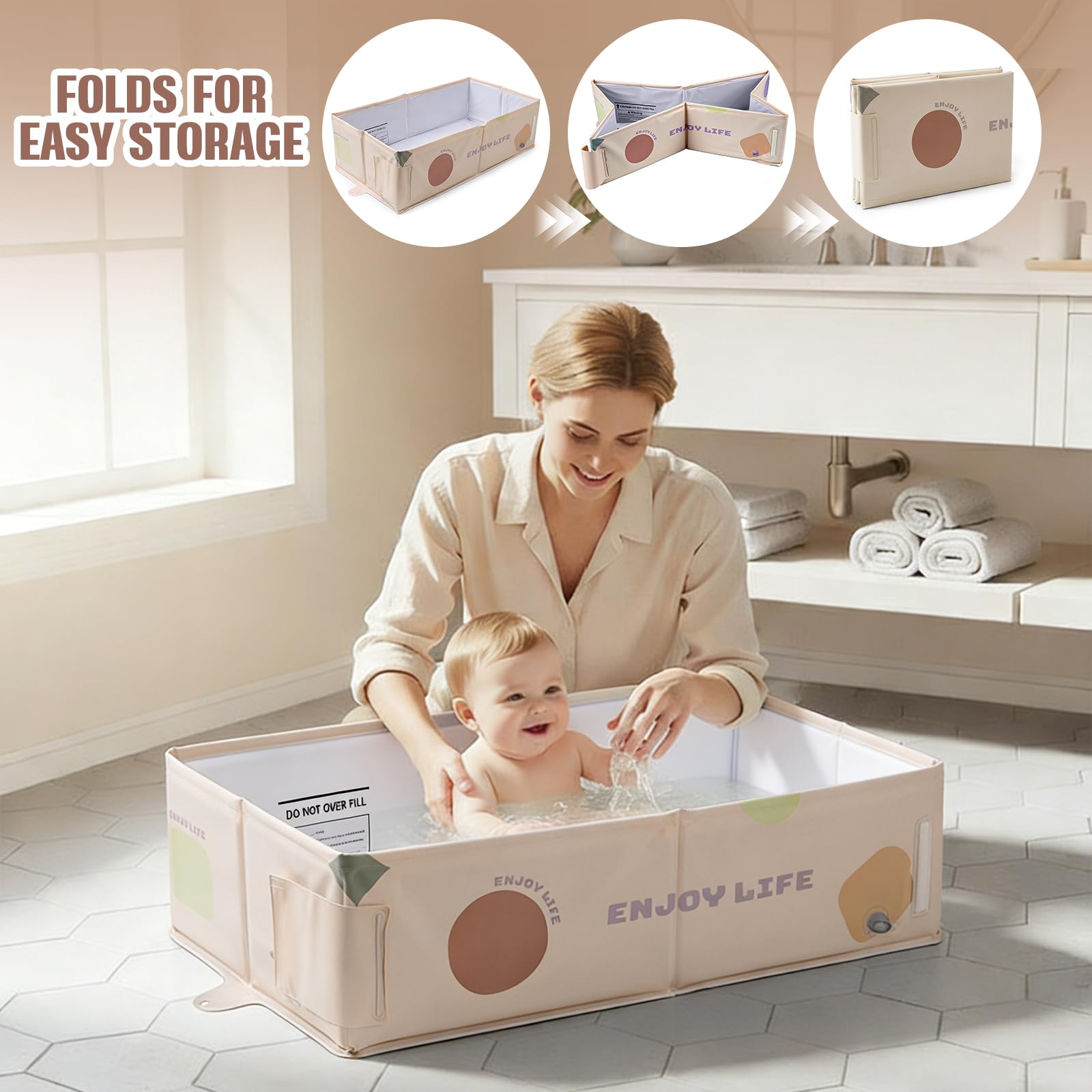 Foldable Baby Bath Tub, Extra Large Non-Slip Kids Bath Tub, Portable Space-Saving Baby Bathtub for Newborn, Toddler & Young Children, Collapsible Bath for Home, Shower Room & Travel (Beige) - 3