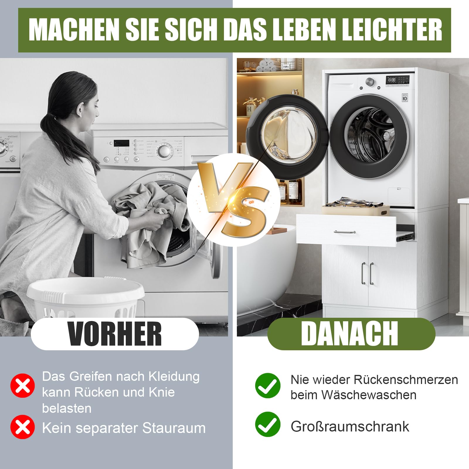 Unterschrank für Waschmaschine mit Regalbrett Waschmaschinenschrank mit viel Stauraum Waschmaschinenumbauschrank geeignet für Waschmaschine oder Wäschetrockner Tragfähigkeit 100KG 162 x 68 x 66CM Weiß