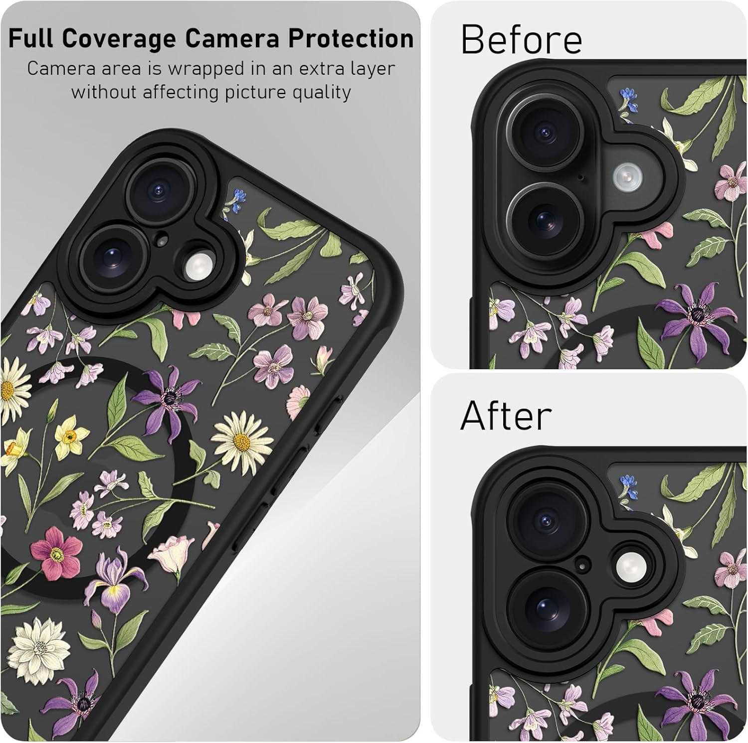 AIGOMARA Magnetic for iPhone 17 Case, Compatible with Magsafe, Cute Blooming Flower Floral Pattern Screen Protector Camera Protection Matte Translucent Phone Case for Women Girls, Black