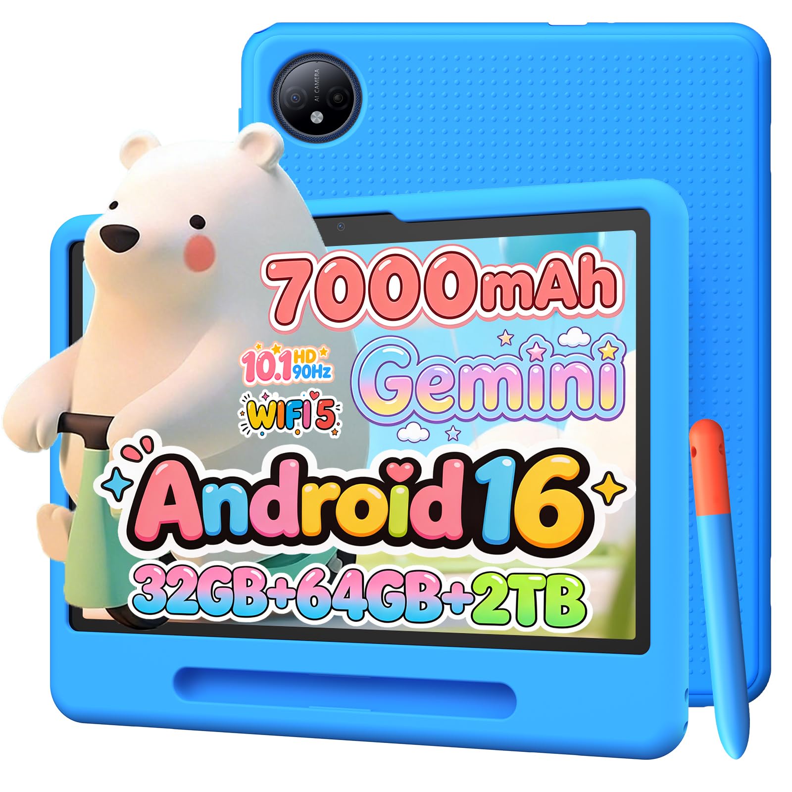 P10 Kid Tablet para Niños 10 pulgada, Tableta Infantil Android 16 Con Gemini AI, 90Hz, 32GB RAM+64GB ROM, 7000mAH, 5G WiFi, Face ID, OTG, GPS, Tablets con lapiz, Tablet para niños de 7 a 10 años, Azul