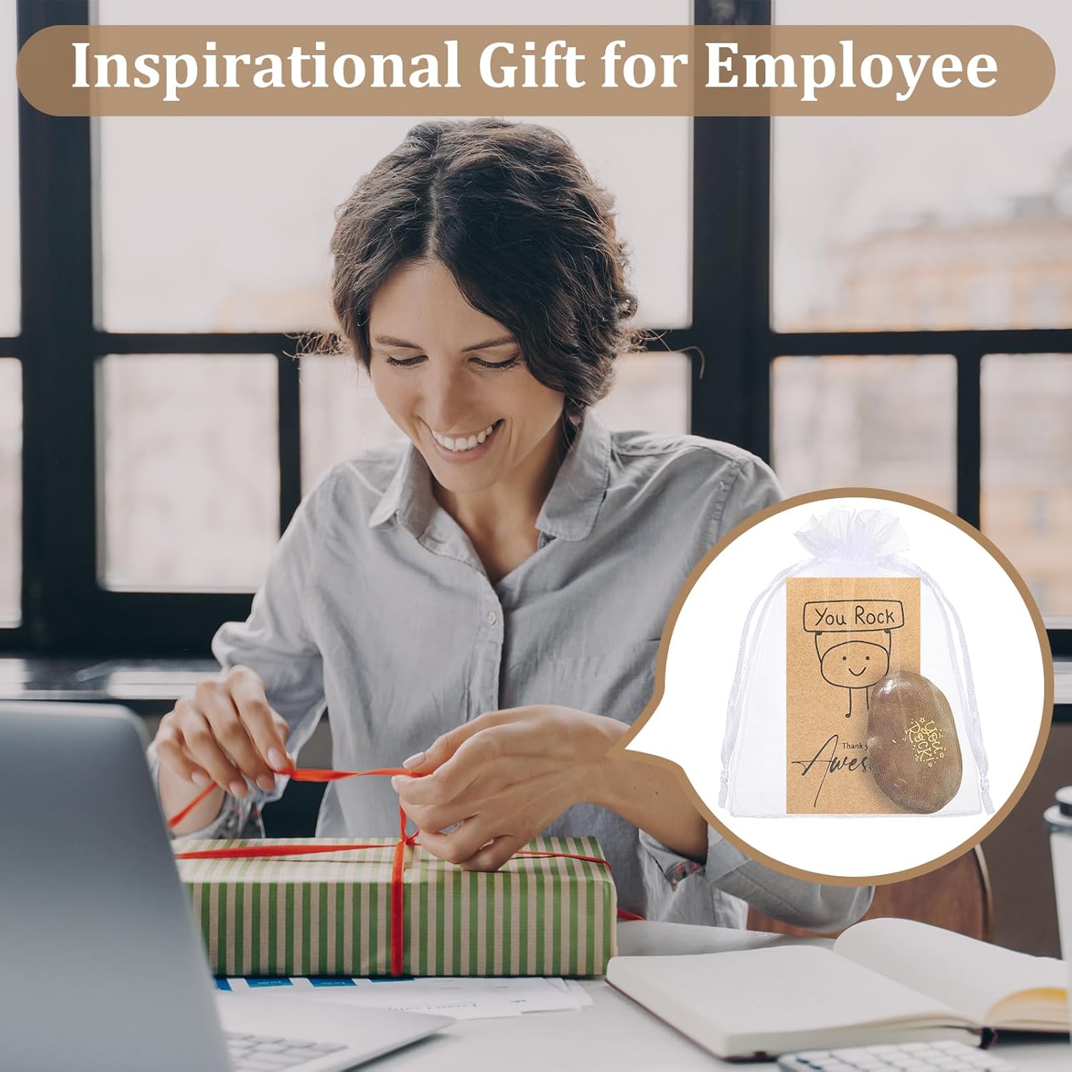 Roowest 30 Sets Inspirational You Rock Gifts Employee Appreciation Gift Engraved Inspirational Rocks Gift Faith Stones Cards Organza Bag for Staff Volunteer Coworker Teacher Nurse