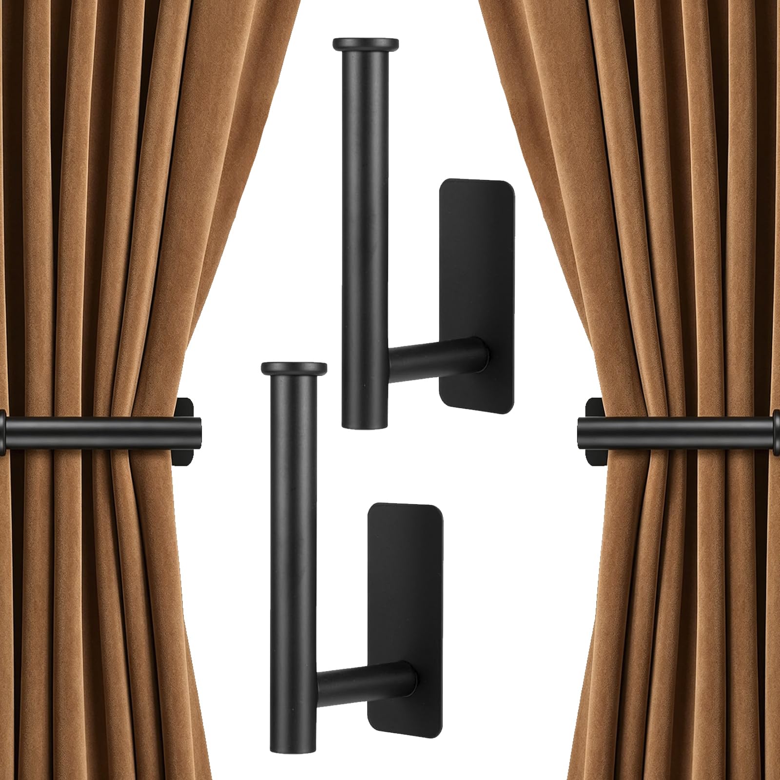 2Pcs Self Adhesive Curtain Holdbacks, No Drill Curtains Tie Backs Hook Wall Mounted Self Adhesive Curtains with Hooks Ideal Curtain Holders for Home Living Room Bedroom Bathroom Drapery (Black)