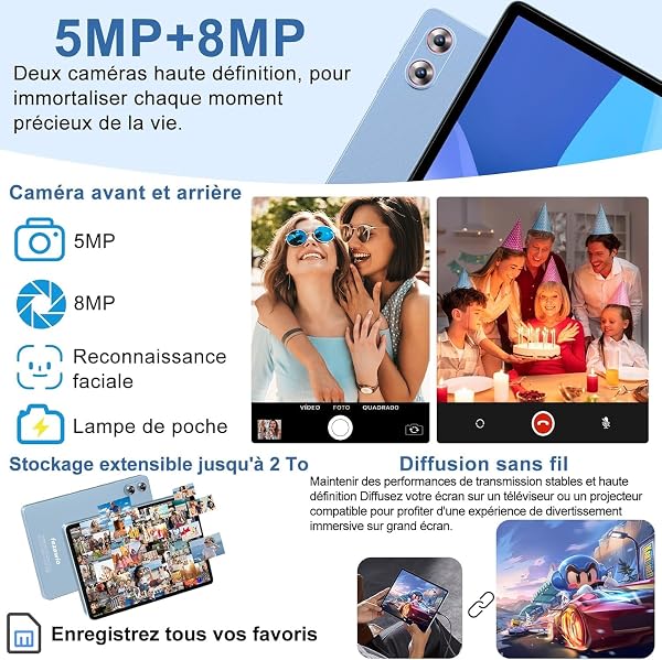 fezawio Tablette Android 15 Gemini AI 10,1 Pouces, 30Go RAM + 128Go ROM, processeur Octa-Core, 8000mAh, Wi-FI 6, Widevine L1, Prise Audio 3,5mm, GPS, avec Clavier, Souris et étui de Protection, Bleu - 5