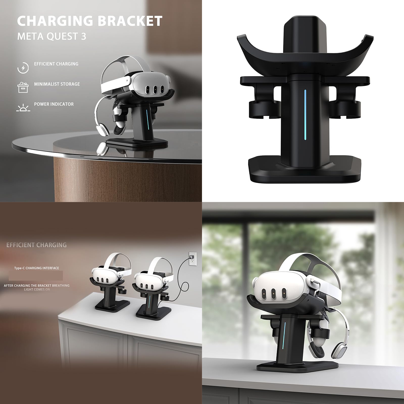 Práctico soporte de carga para auriculares para un fácil acceso a dispositivos y gafas