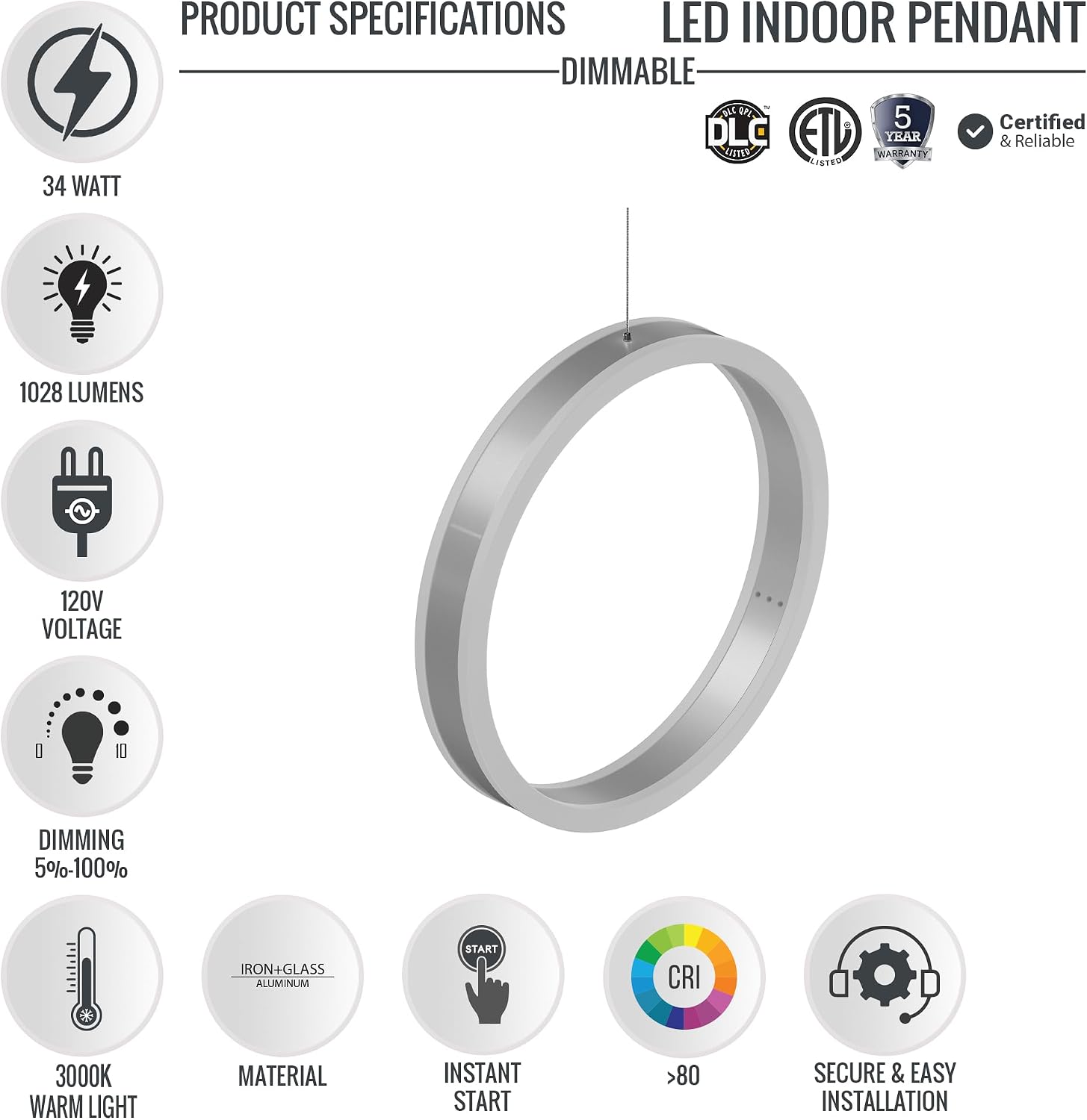 LEDMyplace 34W 1-Light Ring LED Pendant Light Fixtures, Dimmable Kitchen Island Pendant Lighting, 3000K Warm White, 1028Lumen, Modern Ceiling Hanging Lamp for Dining Room Decor, Hallway, Bedrooms