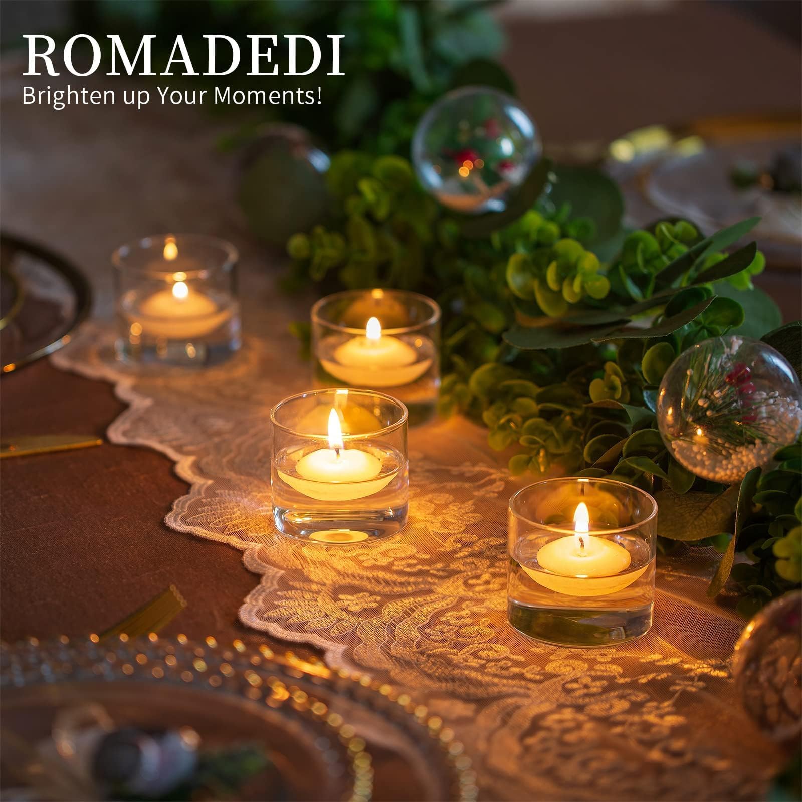 Romadedi Portavelas de cristal transparente para velas de té, juego de 36 velas votivas flotantes, centro de mesa, boda, fiesta, decoración de Navidad, 5,7 x 5 cm