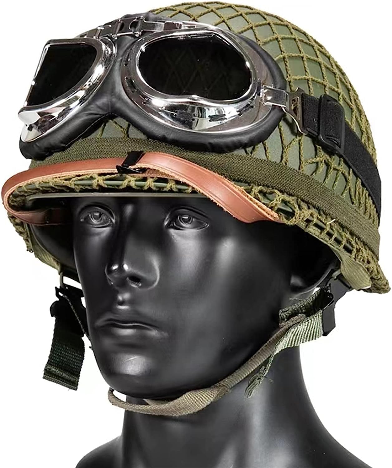 Airsoft Outdoor WW2 US M1 Casque d'extérieur avec lunettes de champ en acier avec filet et ceinture œil de chat (vert)
