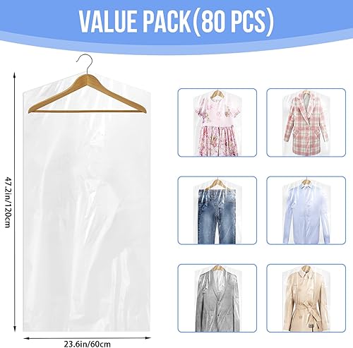Miniatura 2 de Paquete de 80 bolsas de limpieza en seco, bolsas de plástico transparente de limpieza en seco de 47 pulgadas, bolsas de ropa para ropa para colgar