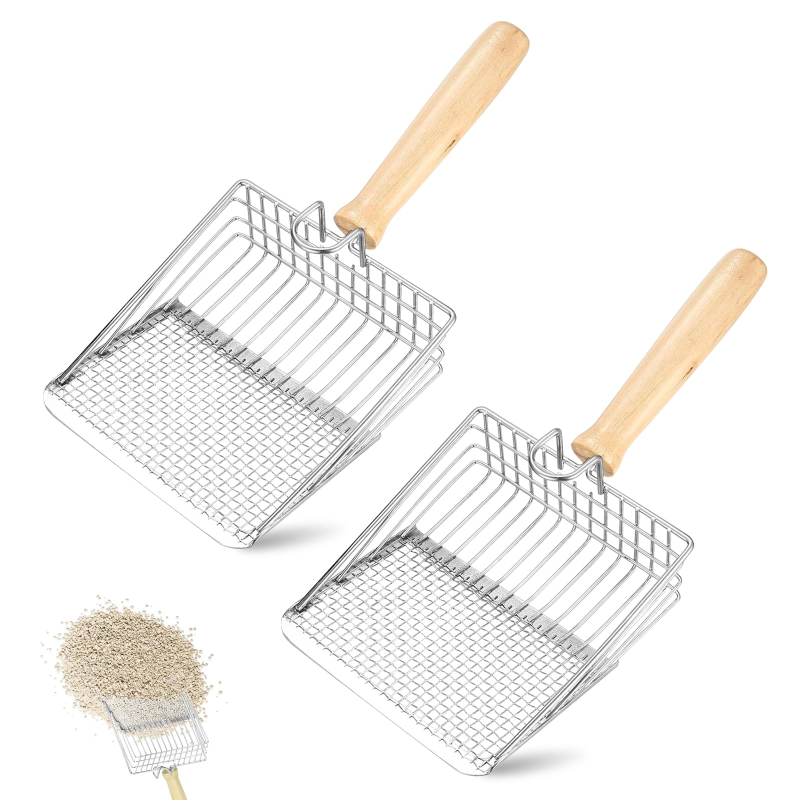 ZYQUES 2 PCS Cat Litter Scoop, Metal Litter Scooper with Wooden Handle Non-Stick Cat-Sifter with Deep Shovel Litter-Box Fast Sifting for Cats and Kittens