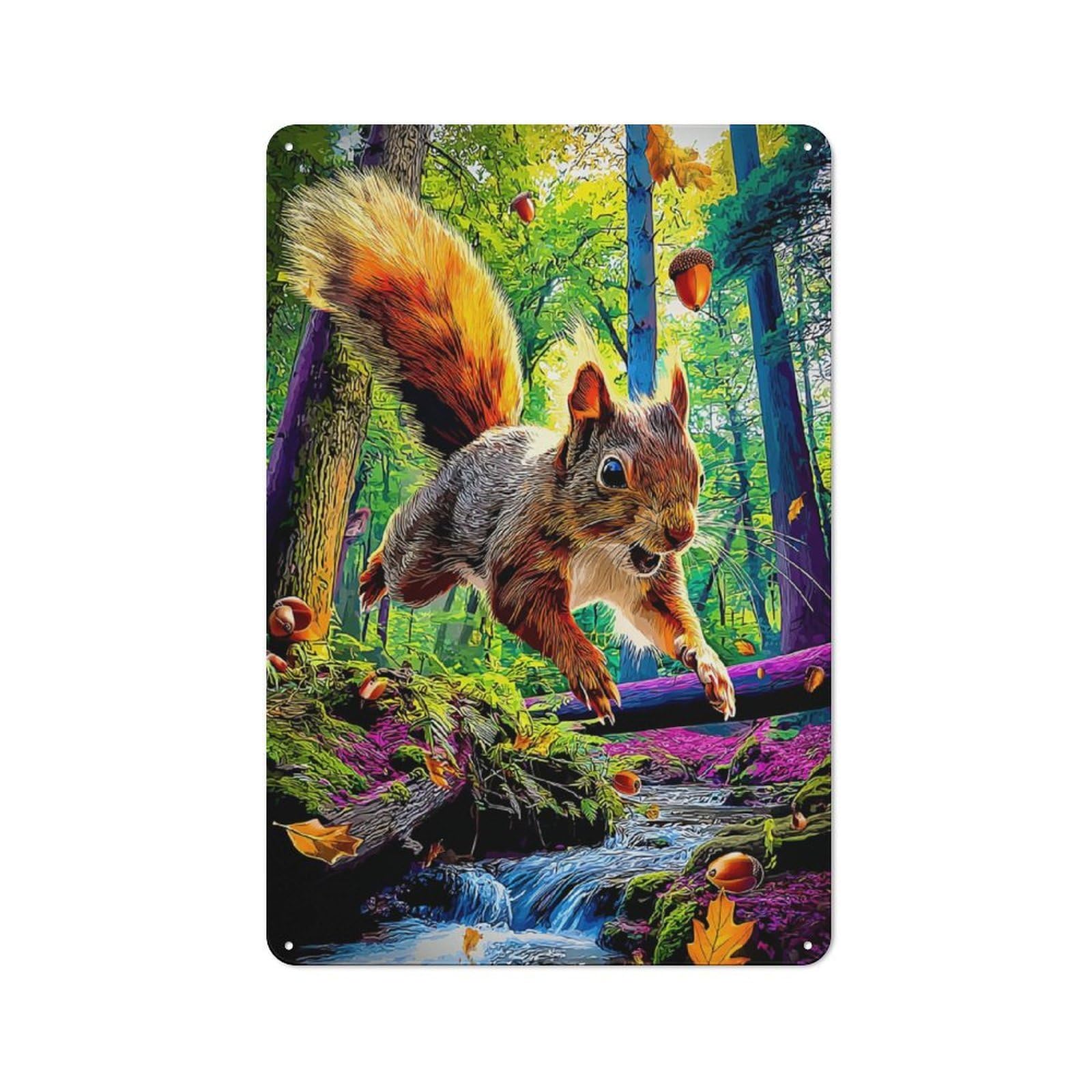 Junmoney Squirrel In Vibrant Forest Vintage Tin Sign 30X20cm, Rustic Bistro Wall Plaque For Kitchen, Cafe, Pantry Or Dining Room